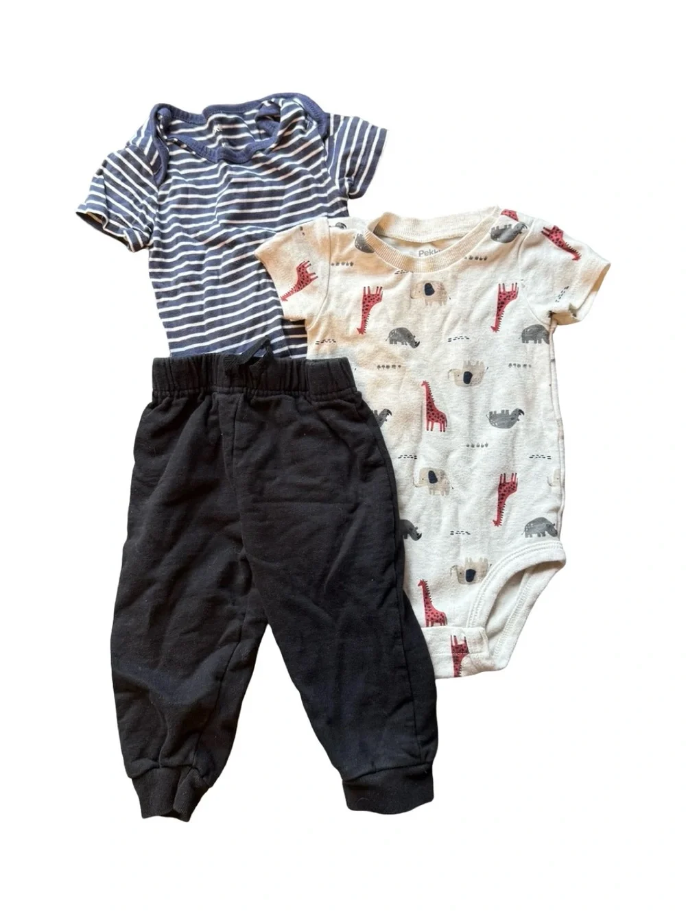 Mixed Lot: Black Joggers, Striped & Giraffe Bodysuit 12M